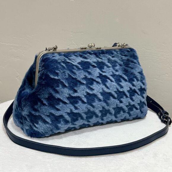 Blue Houndstooth Genuine Shearling Leather Kisslock Handbag, Multi Use Style - Picture 5 of 16